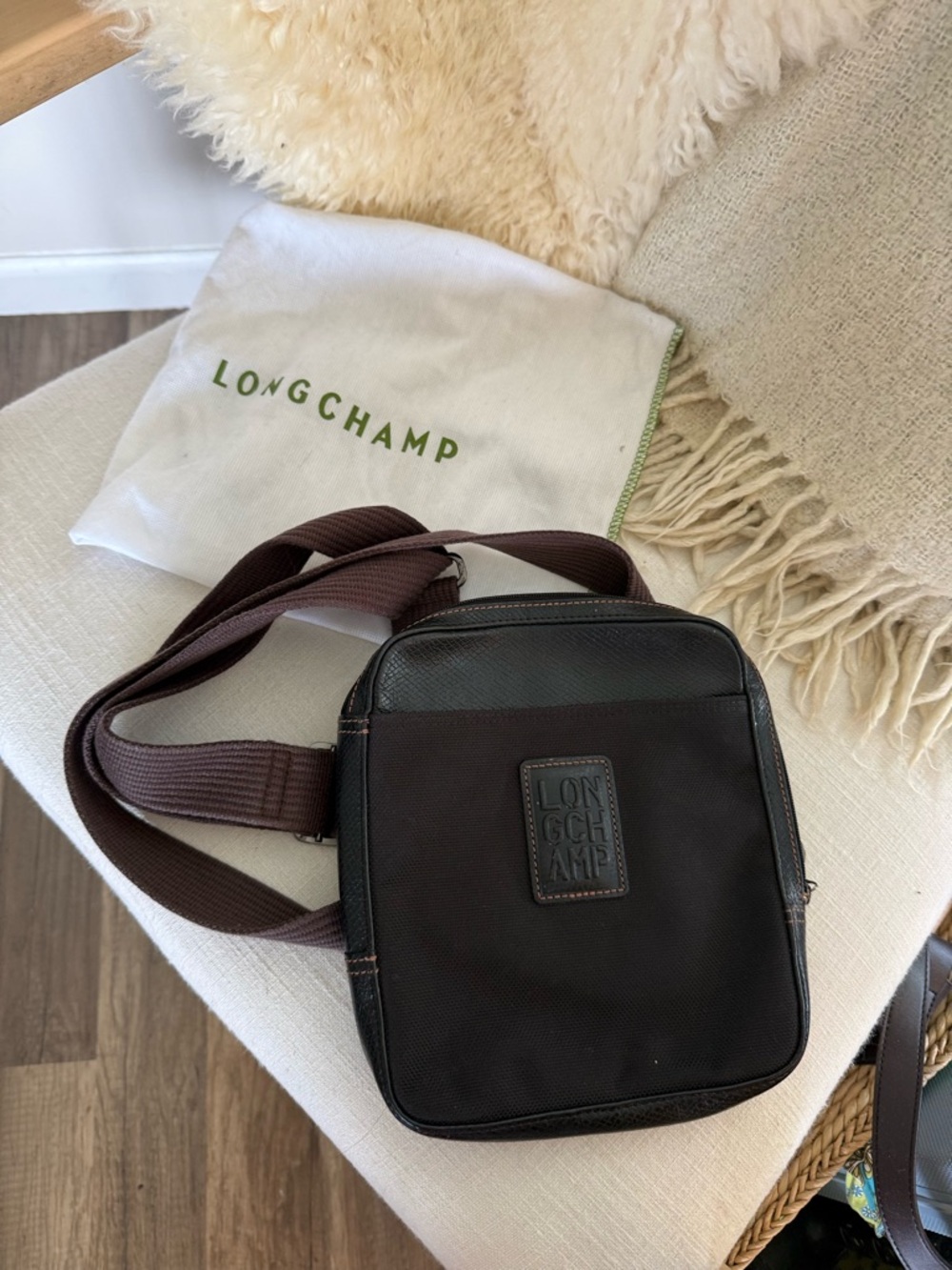 Longchamp Men's Messenger Bag in Dark Brown with Brown Strap and Leather
